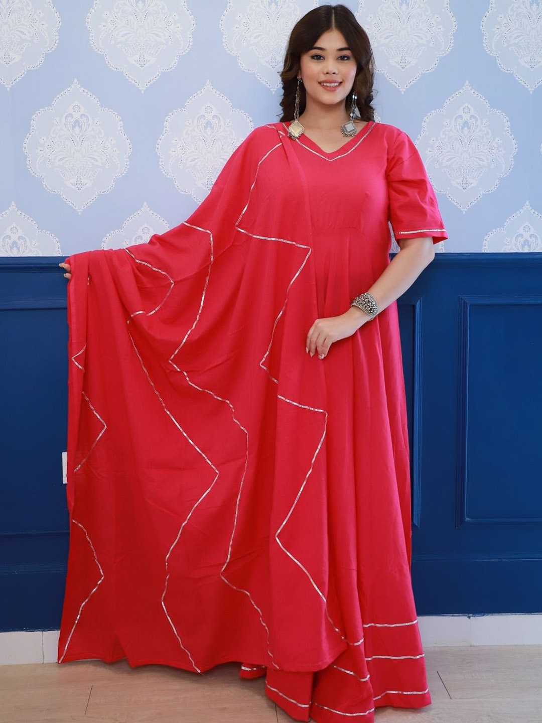 

Swadeshi Shringaar Solid Maxi Ethnic Dress With Dupatta, Fuchsia