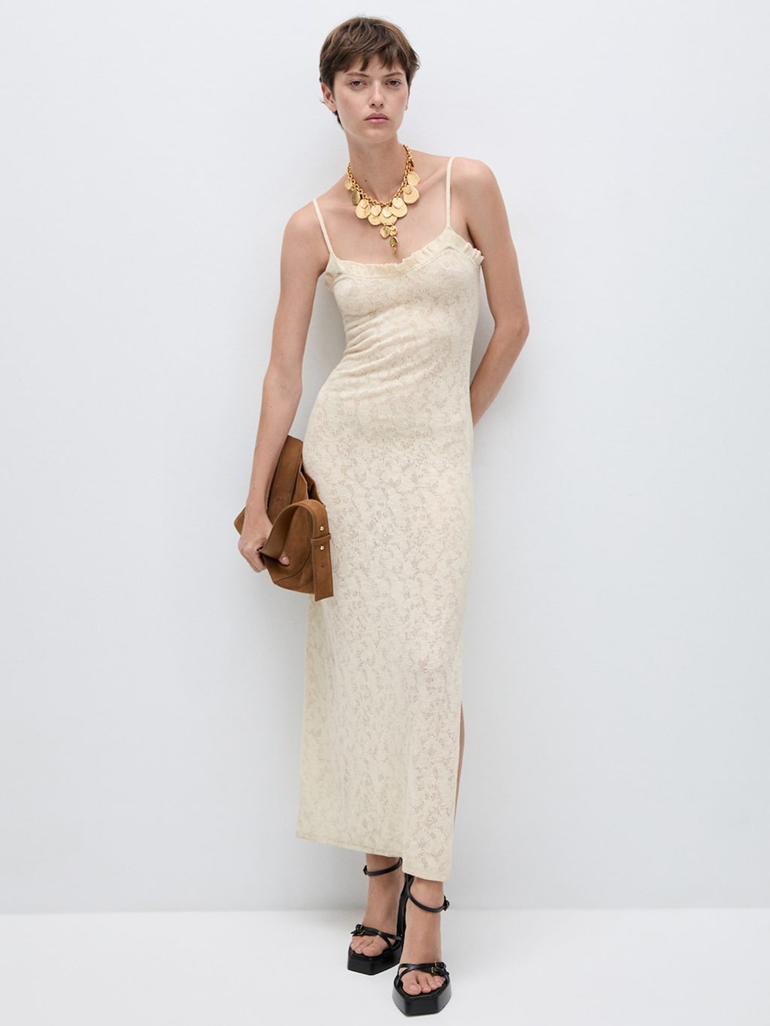 

MANGO Open-Knit Slit Detail Sheath Midi Dress, Cream