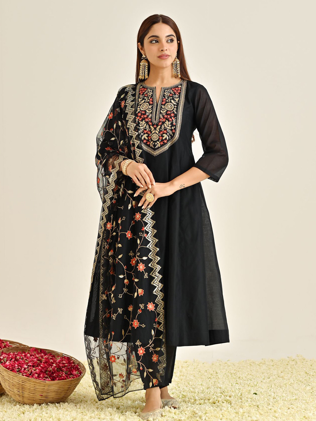 

Rustorange Floral Yoke Design Anarkali Kurta With Trousers & Dupatta, Black