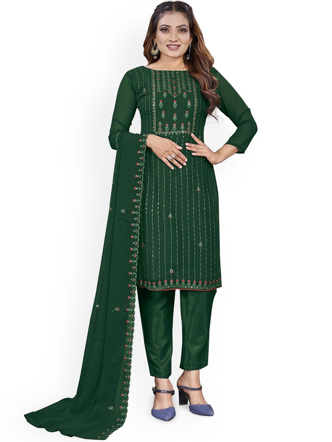 

APNISHA Floral Embellished Sequinned Silk Georgette Unstitched Dress Material, Green