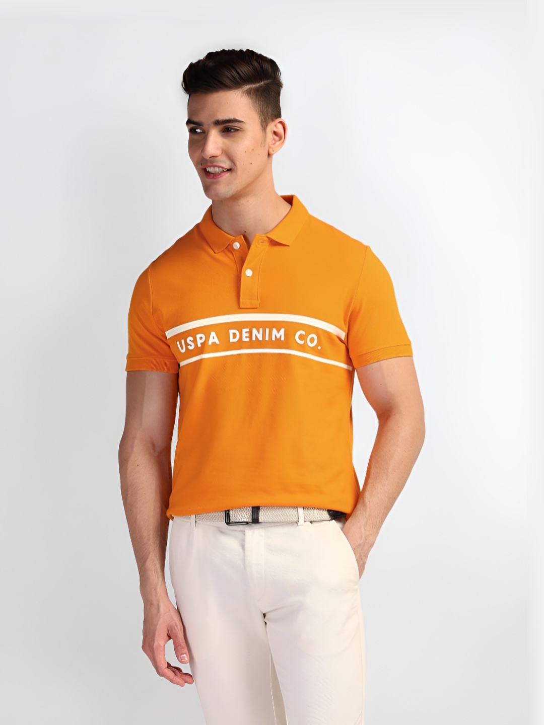 

U.S. Polo Assn. Denim Co. Men Typography Printed Polo Collar Cotton Slim Fit T-Shirt, Orange