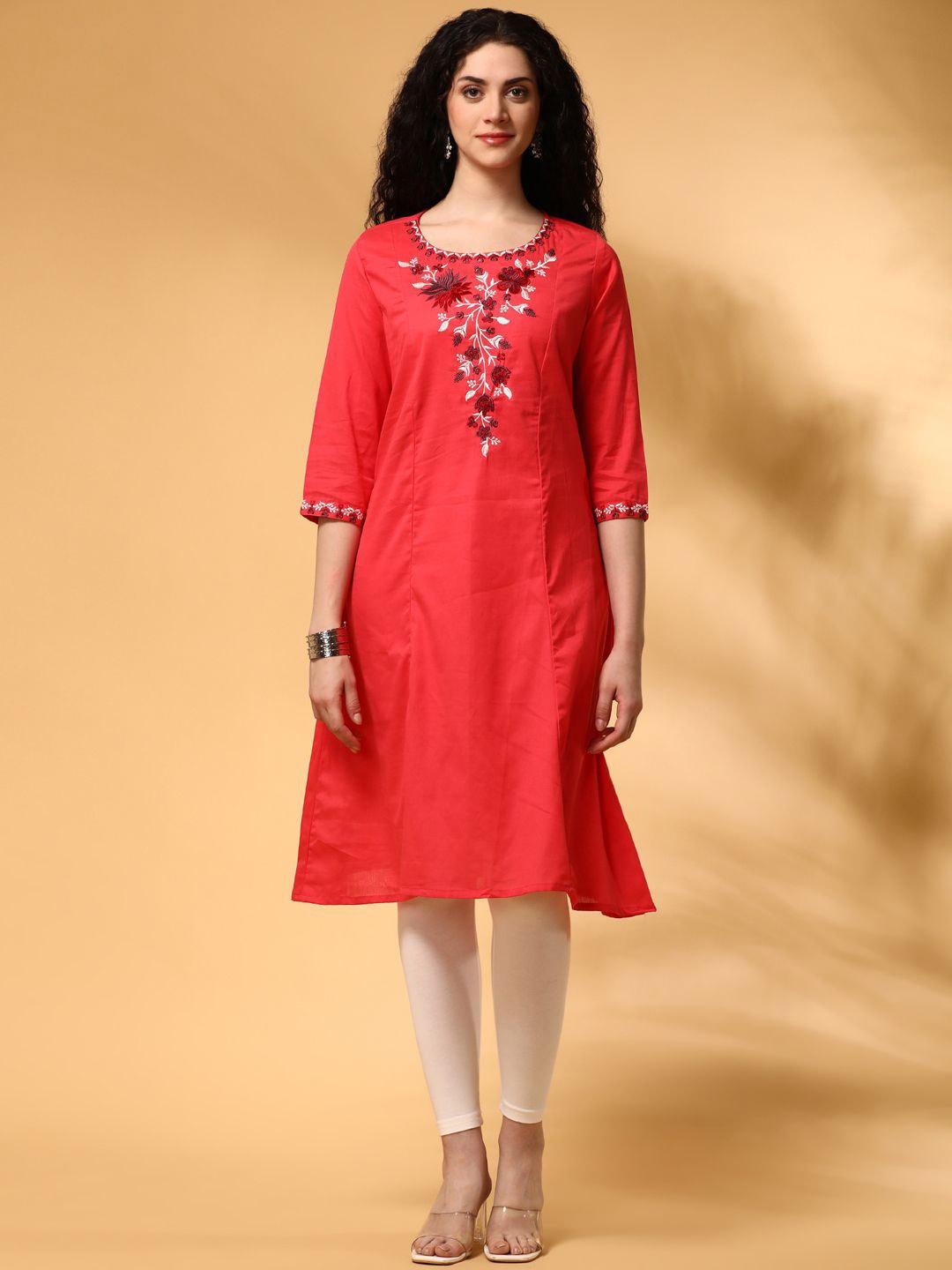 

Anouk Floral Yoke Design Round Neck Pure Cotton A-Line Kurta, Coral