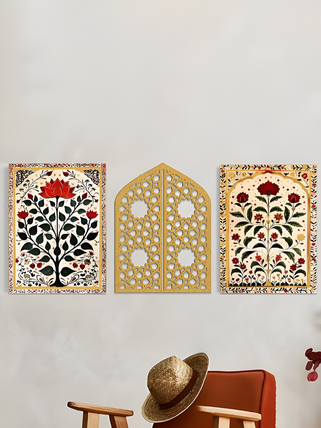 

Art Street Set of 3 Indian Folk Art Stretched Canvas Paintings & MDF Jali, Red