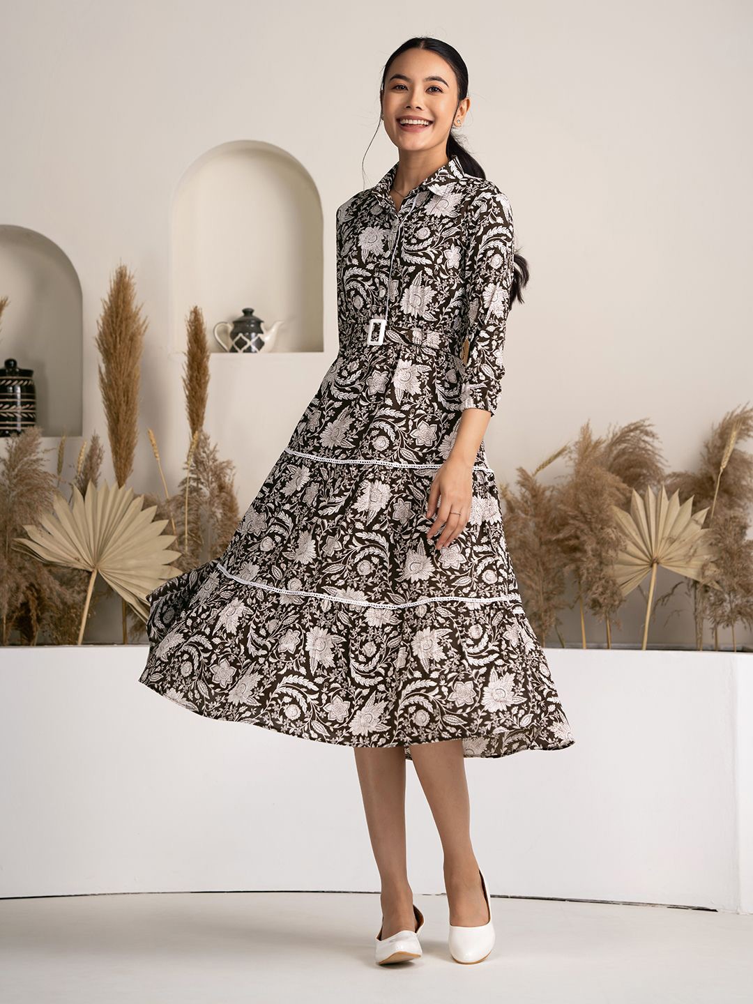 

DressBerry Floral Printed Crepe Fit & Flare Dress, Brown