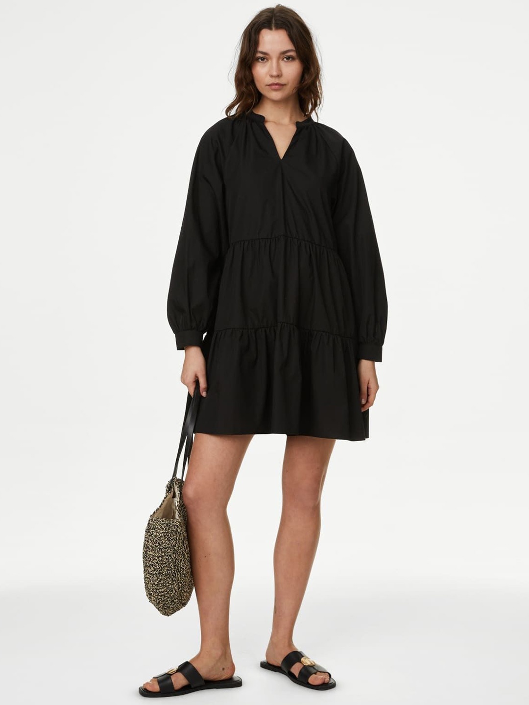 

Marks & Spencer Cuffed Sleeves Pure Cotton Tiered A-Line Dress, Black