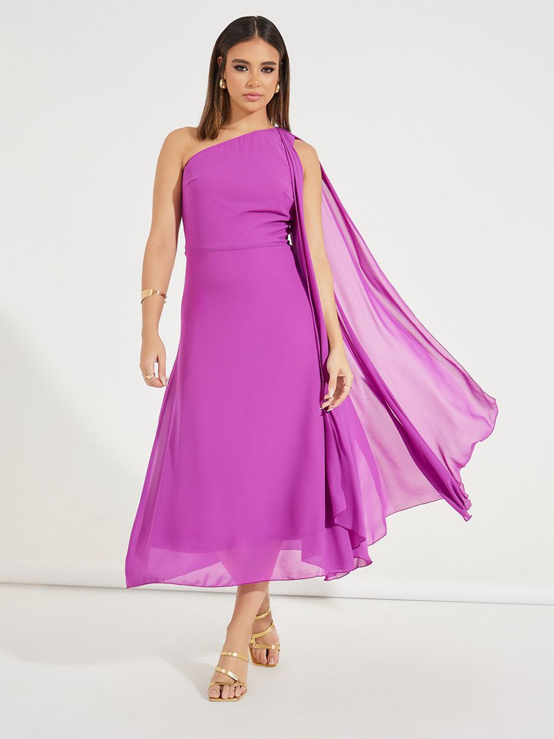 

Styli Women Solid One Shoulder Draped A-Line Midi Dress, Pink