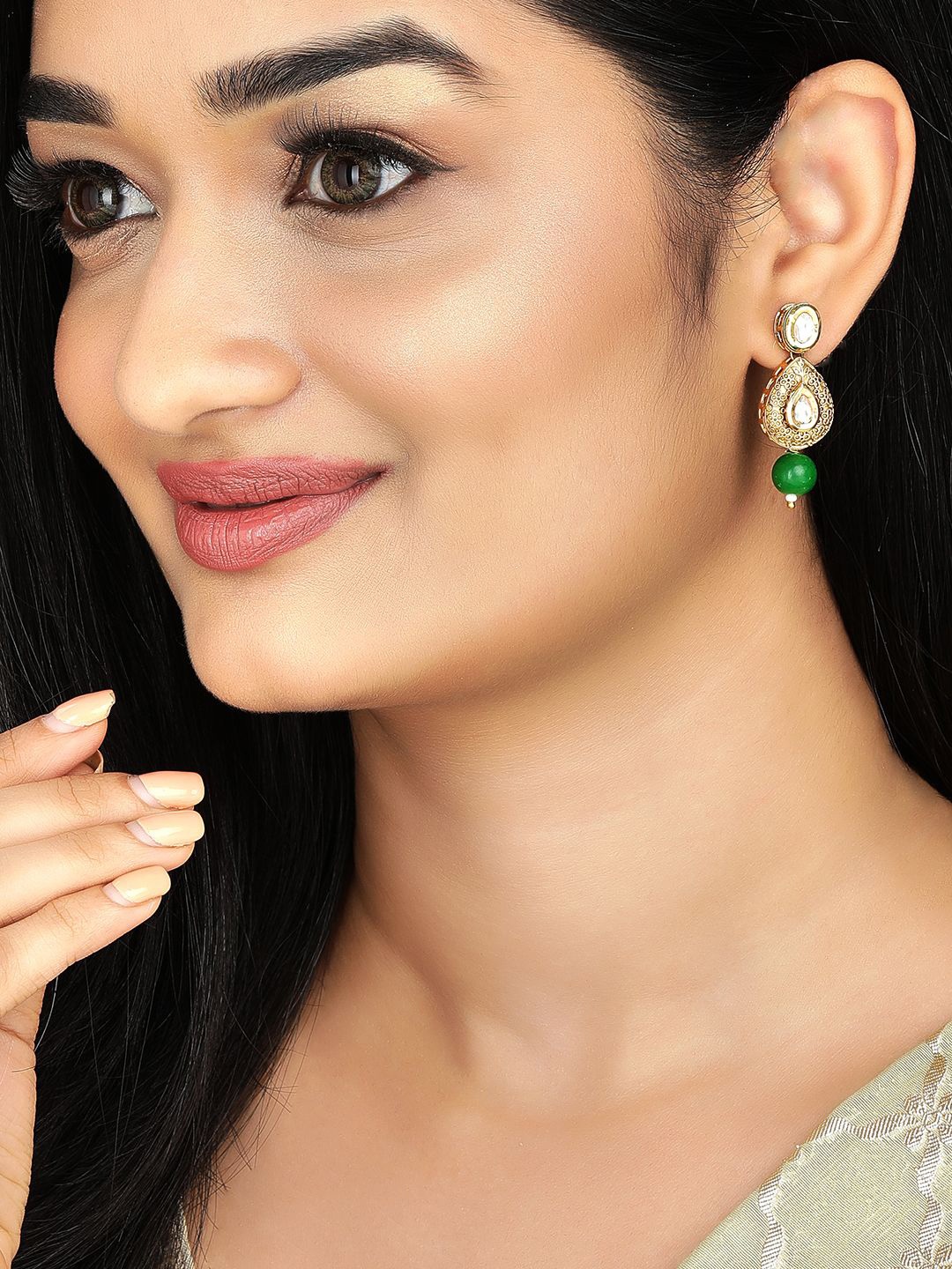 

Rubans 22K Gold-Plated Pearl & Kundan Earrings Pack of 2 with Green Bead & Red Stone