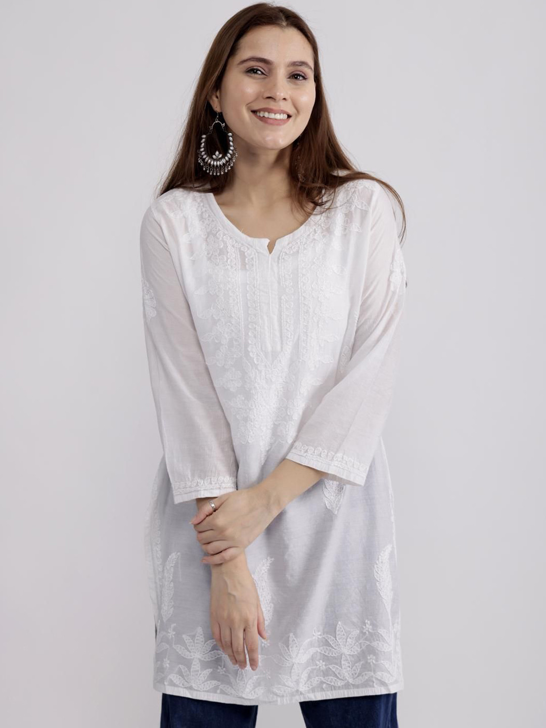 

Hastya Kala Ethnic Motifs Embroidered Chikankari Straight Chanderi Cotton Kurti, White