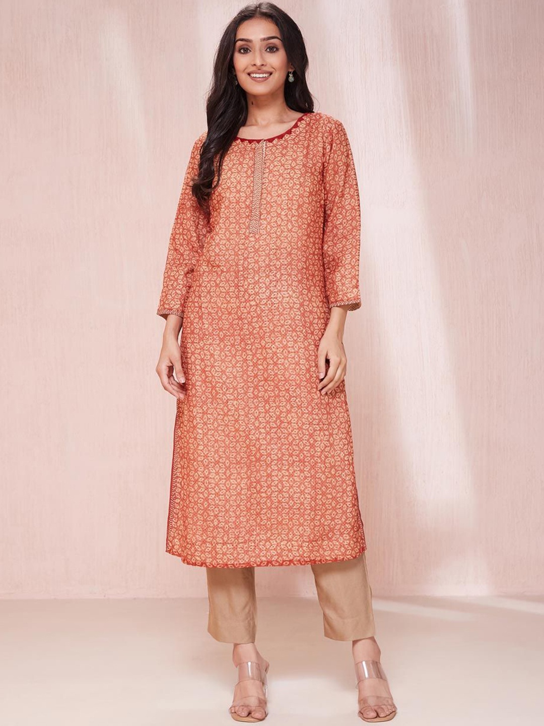 

Fabindia Ethnic Motifs Printed Cotton Silk Straight Kurta, Rust