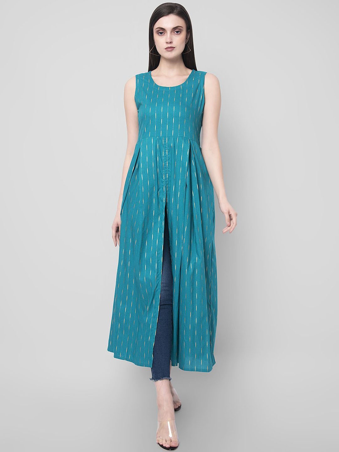 

NYPA Striped Round Neck Sleeveless Front Slit A-Line Kurta, Turquoise blue