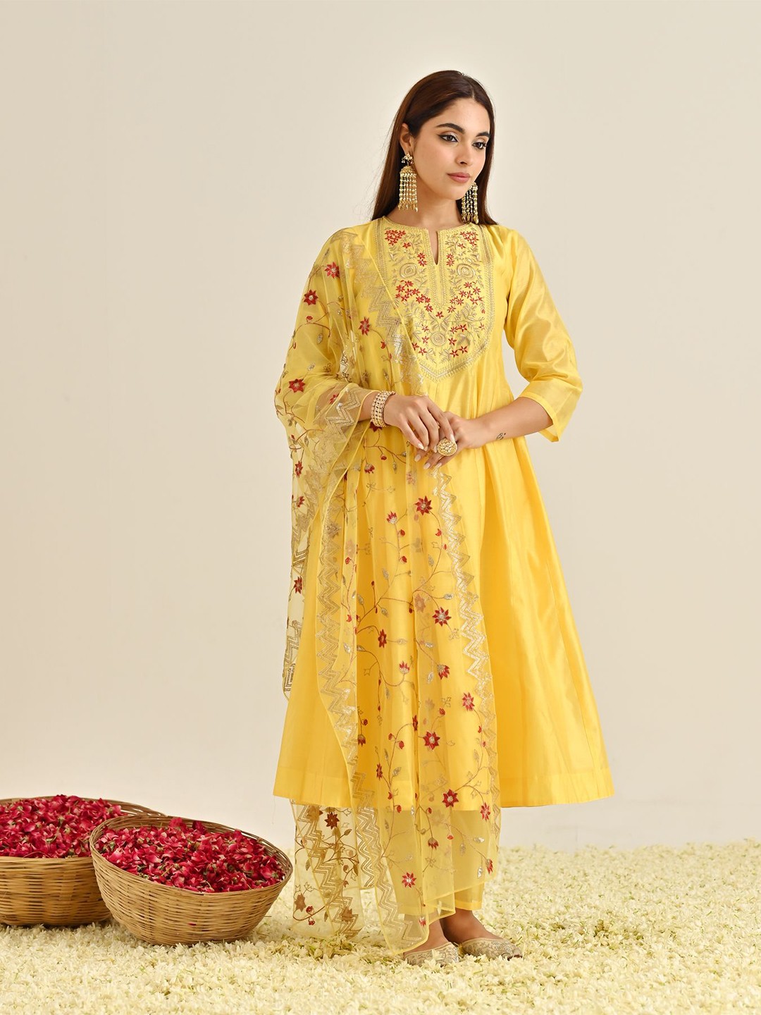 

Rustorange Floral Yoke Design Thread Work A-Line Kurta with Salwar & With Dupatta, Yellow