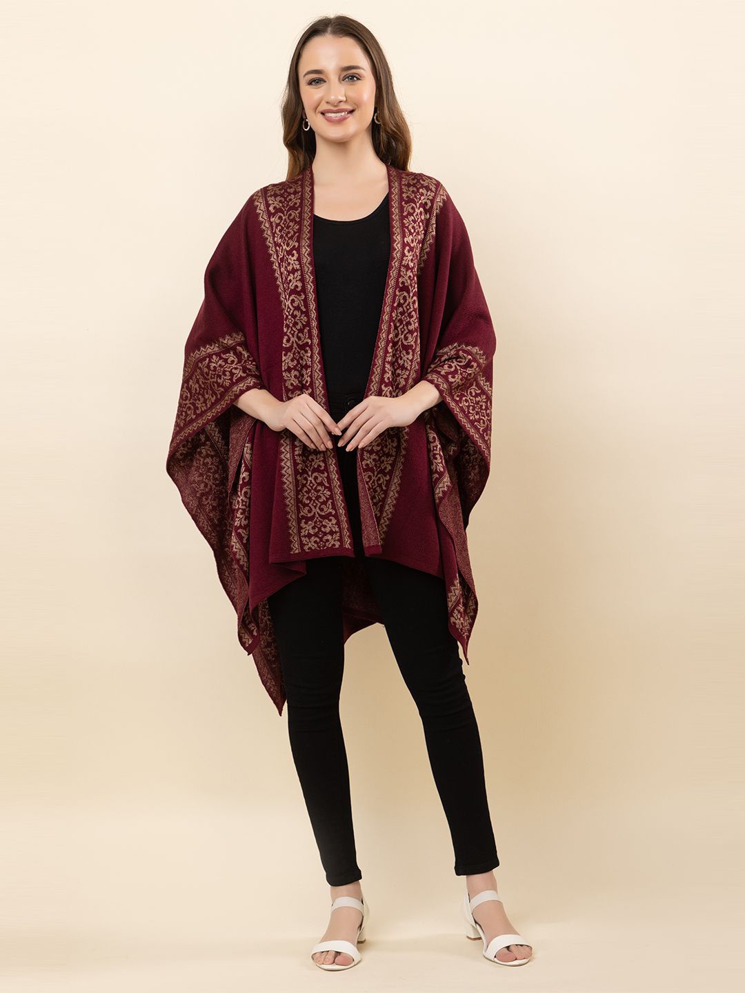 

Anouk Maroon Floral Printed Winter Open Front Shrug