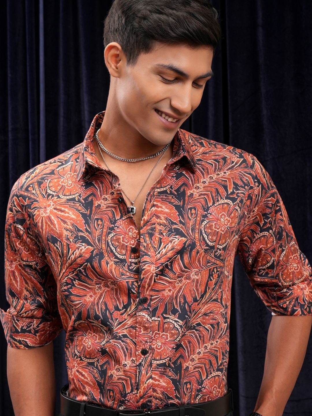 

LOCOMOTIVE Premium Men Premium Satin Printed Occasion Shirt, Rust
