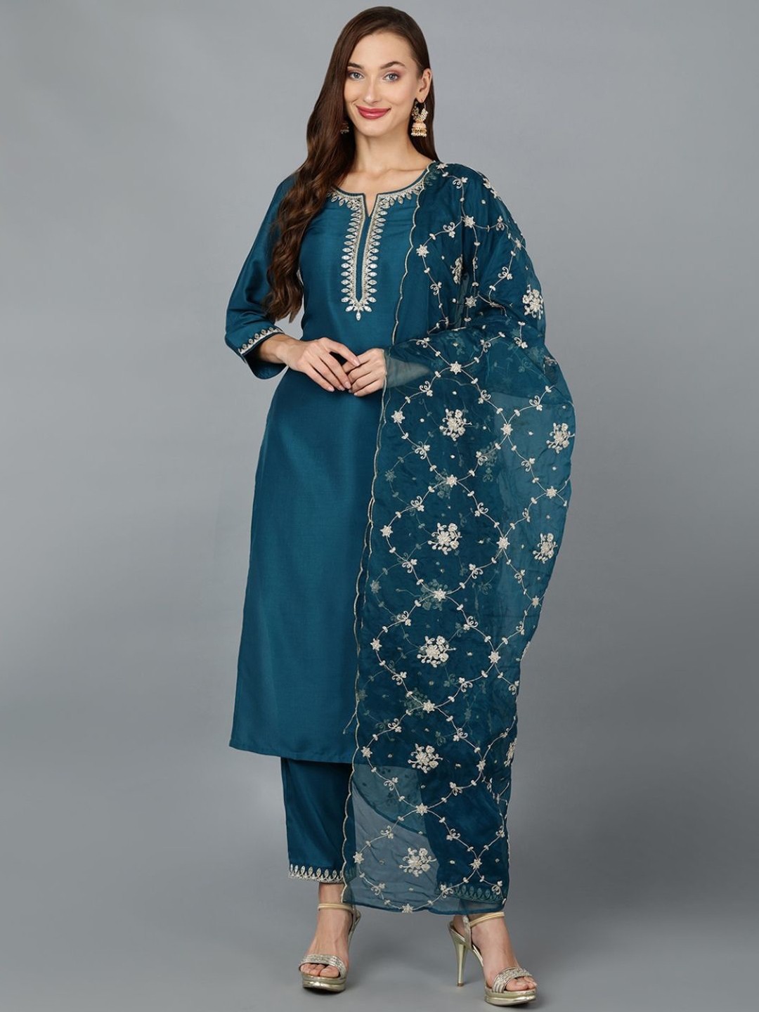 

KALINI Floral Embroidered Sequinned Kurta with Trousers & Dupatta, Blue