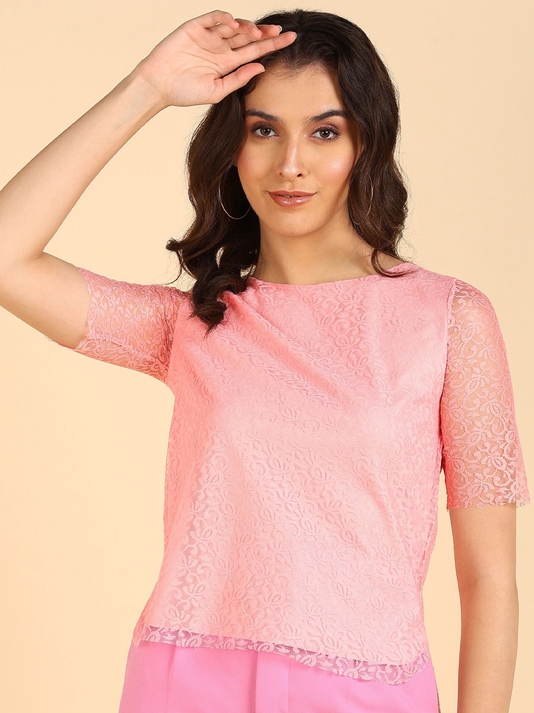 

SAFFE Solid Lace Round Neck Fitted Casual Top, Pink