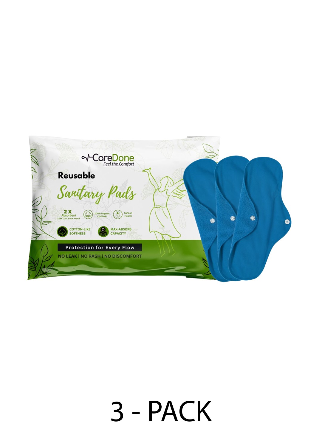 

CareDone Set Of 3 Washable & Reusable Sanitary Cloth Pads-XL, Blue