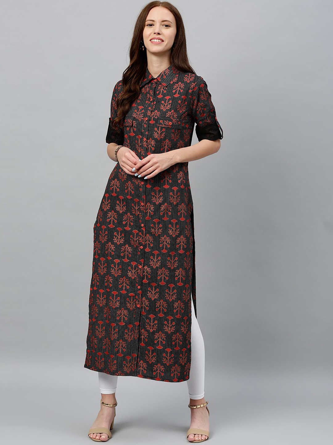 

CHIRAAI Ethnic Motifs Printed Shirt Collar Cotton Straight Kurta, Black