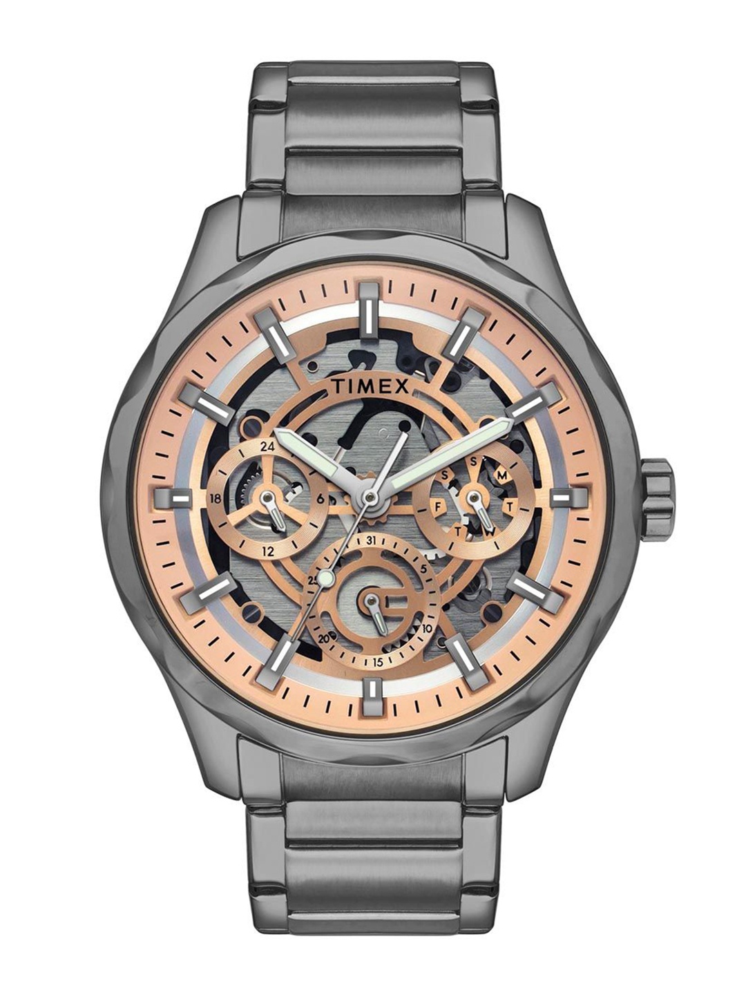 

Timex Men Brass Skeleton Dial & Stainless Steel Straps Analogue Watch TW0TG7631, Rose gold