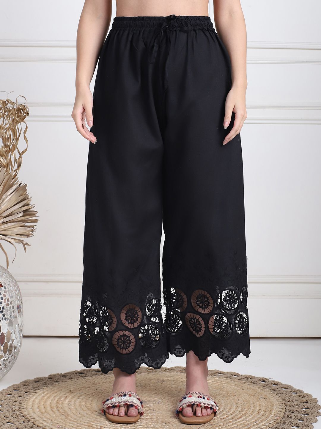 

TAG 7 Women Floral Hem Design Flared Ethnic Palazzos, Black