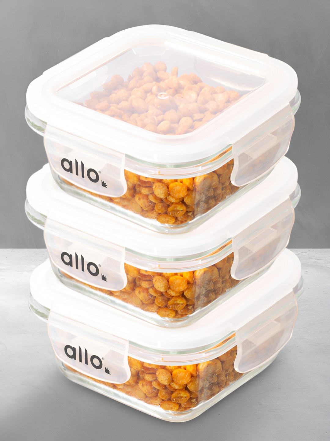 

Allo FoodSafe Microwave Safe Glass Containers for Fridge Storage (320ml x 3, Square), White