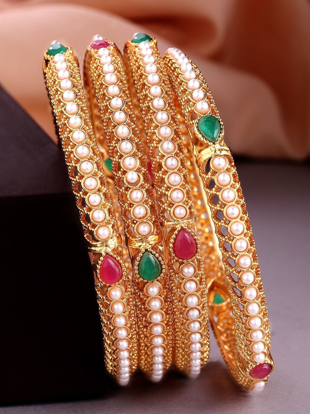 

Rubans Set of 4 18K Gold-Plated Pearl and Red & Green Stone Studded Bangles