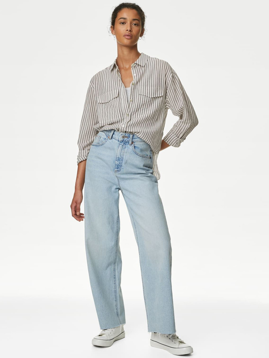 

Marks & Spencer Women Spread Collar Striped Cotton Casual Shirt, Grey