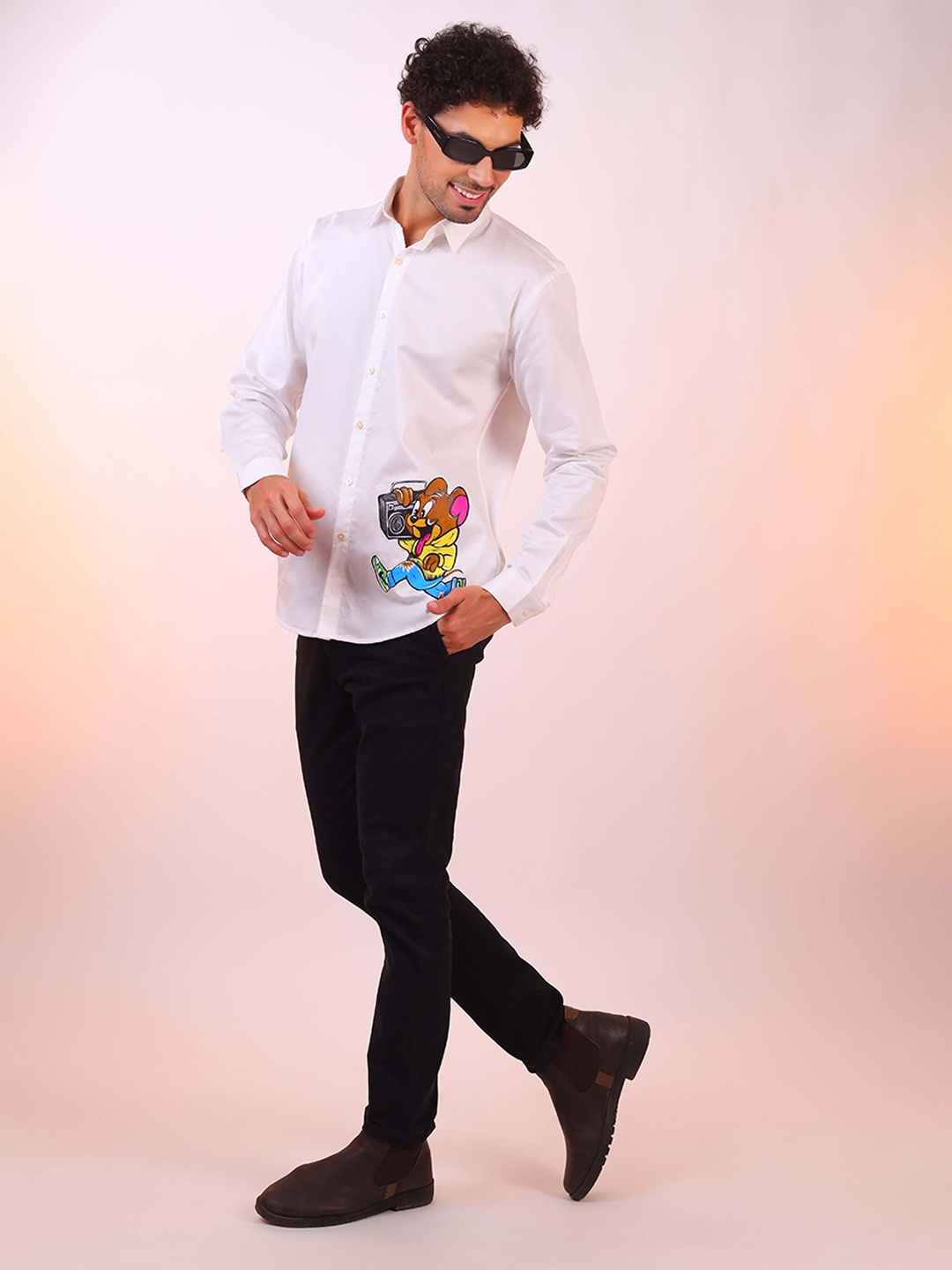 

DALCHINII Men Graphic Painted Spread Collar Cotton Relaxed Casual Shirt, White