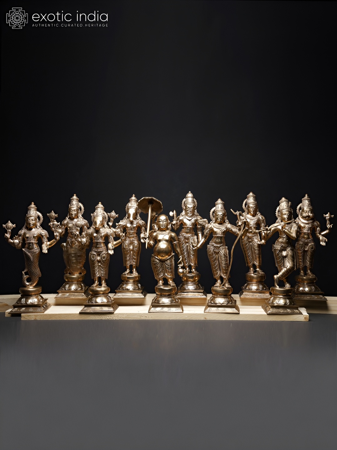 

Exotic India Gold-Toned 10 Pieces Dashavatara of Lord Vishnu Religious Idol Showpiece