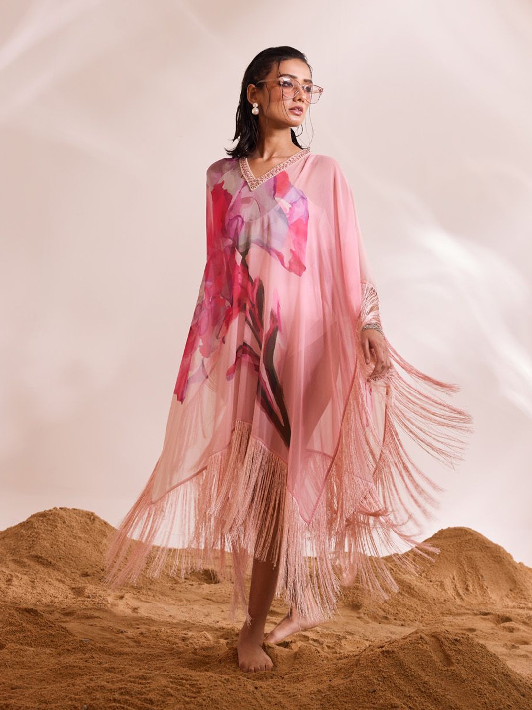 

DIVYA AGGARWAL Floral Printed Chiffon Kaftan Dress, Pink