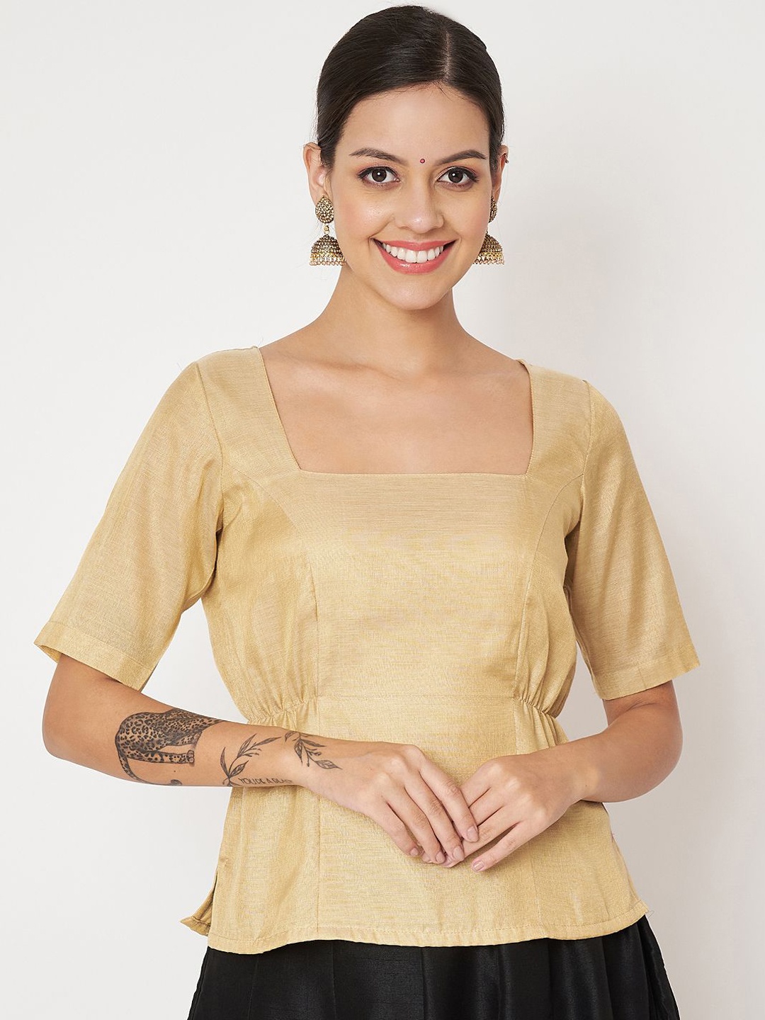 

studio rasa Solid Square Neck Short Sleeves Blouse, Gold