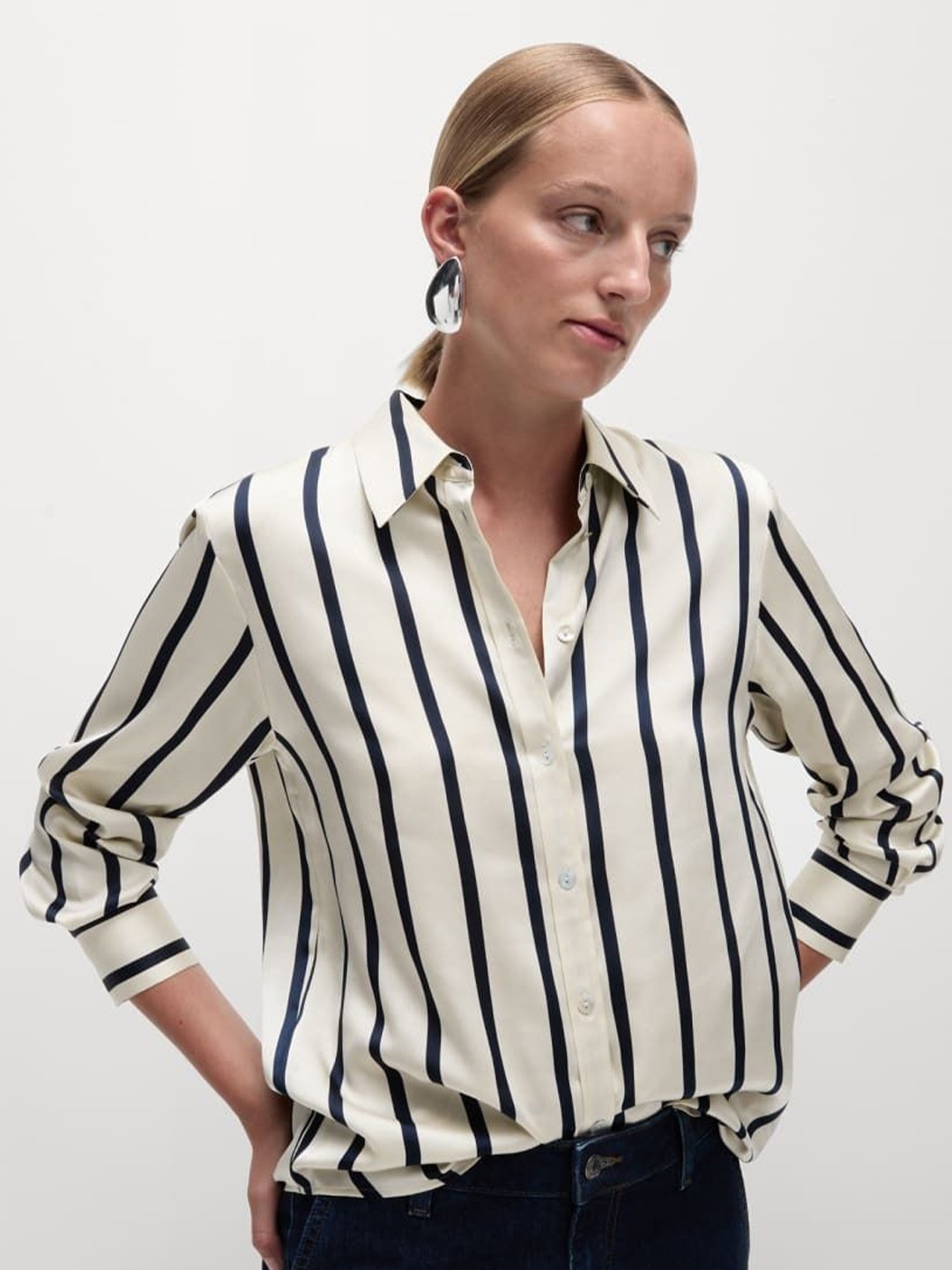 

Marks & Spencer Women Spread Collar Striped Casual Shirt, Off white