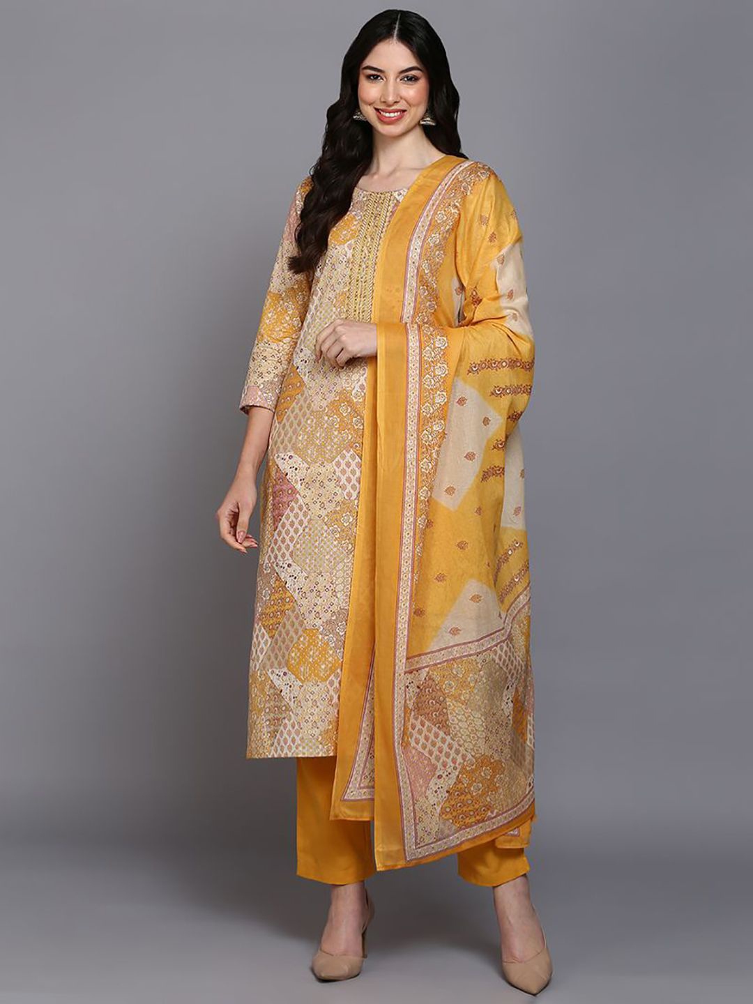 

KALINI Ethnic Motifs Printed Thread Work Pure Cotton Kurta with Trousers & Dupatta, Mustard