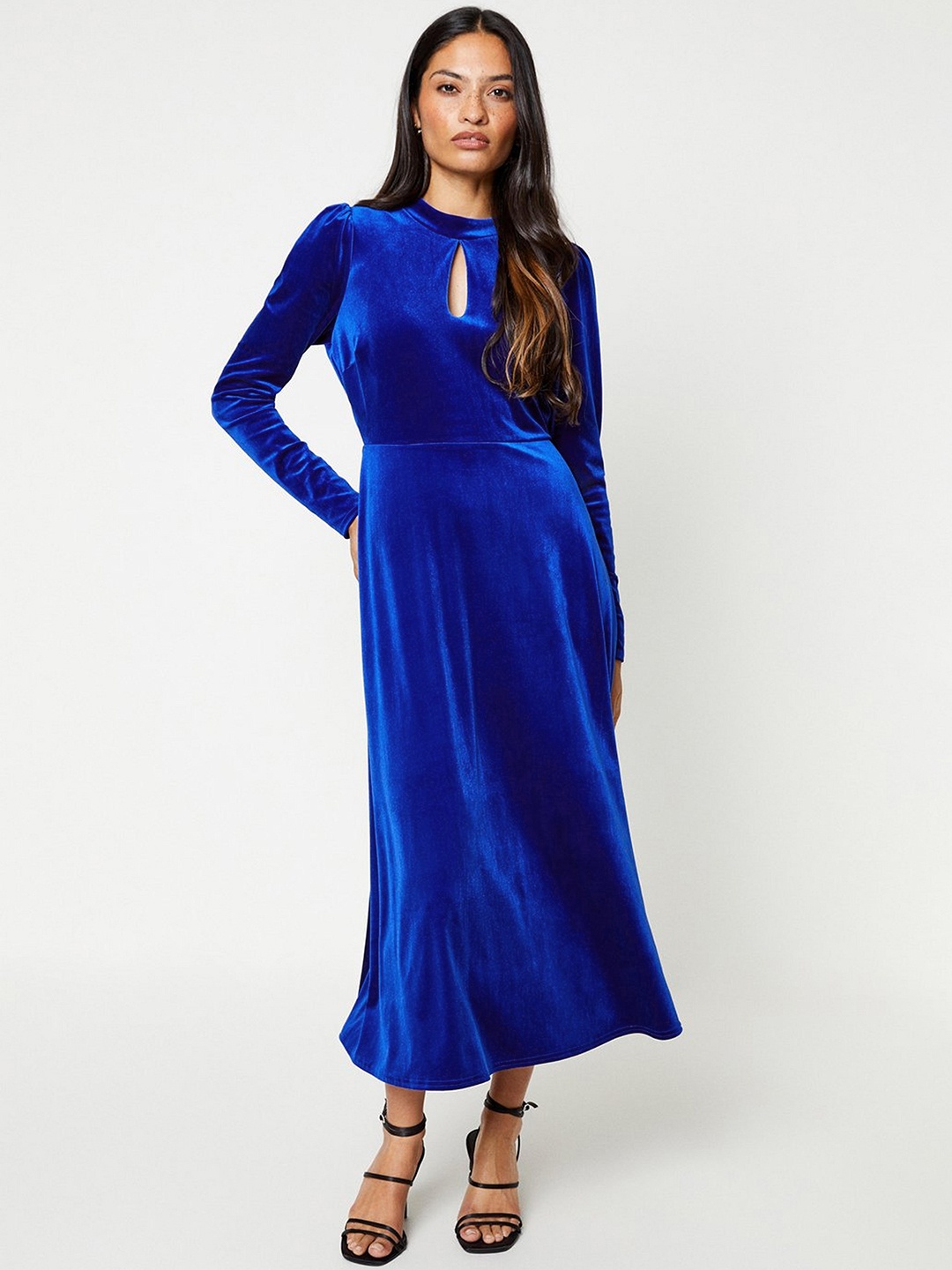 

DOROTHY PERKINS Keyhole Neck Velvet Finish Fit & Flare Midi Dress, Blue