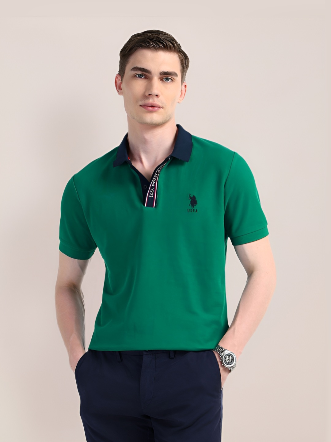 

U.S. Polo Assn. Men Solid Polo Collar Cotton Slim Fit T-Shirt, Green