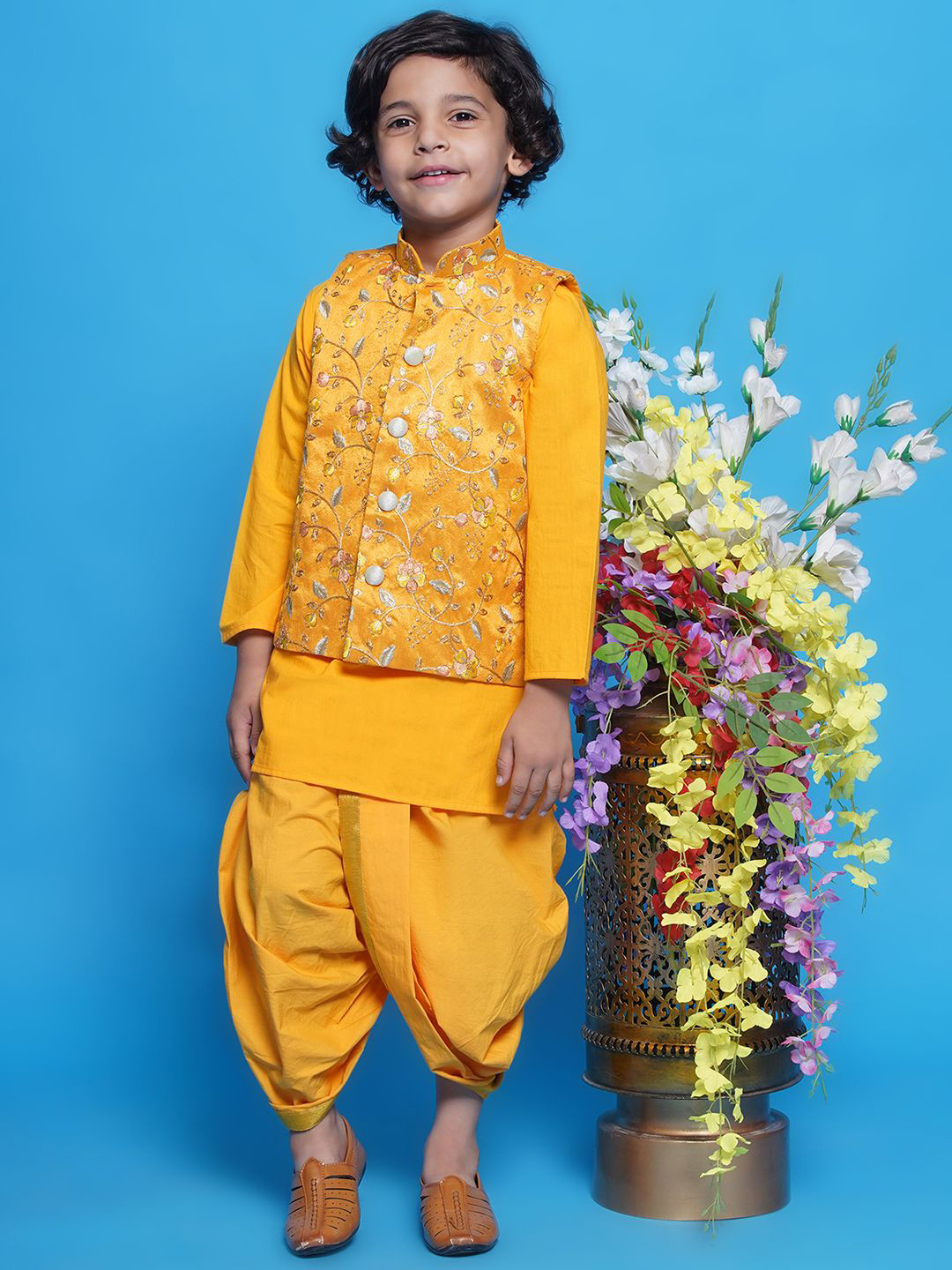 

Little Bansi Boys Mandarin Collar Cotton Silk Kurta with Dhoti Pants & Nehru Jacket, Yellow