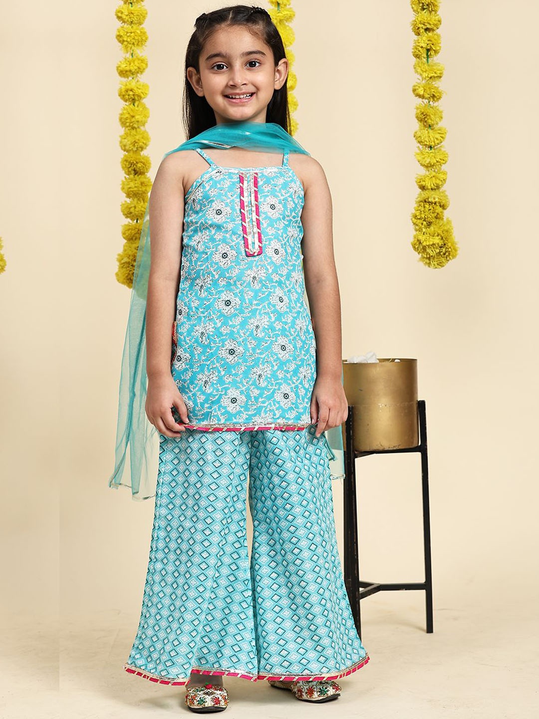 

Cutiekins Girls Floral Printed Gotta Patti Straight Kurta With Palazzos & Dupatta, Turquoise blue