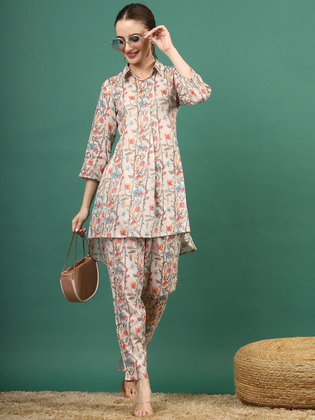 

Ramas Floral Printed Shirt Collar Pure Cotton A Line Kurta with Trousers, Off white