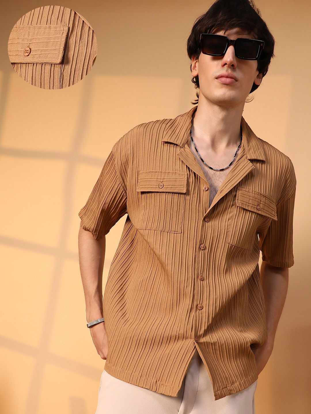 

Campus Sutra Men Comfort Cuban Collar Solid Oversized Casual Shirt, Brown