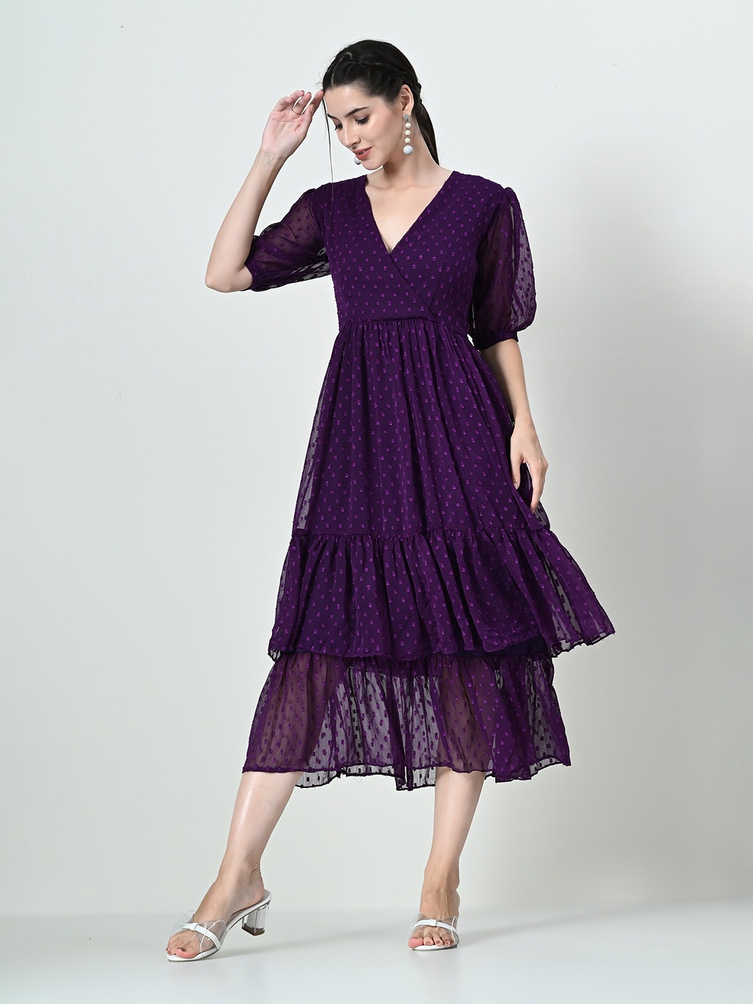 

mrutbaa Self Design Puff Sleeve Empire Layered Midi Dress, Purple