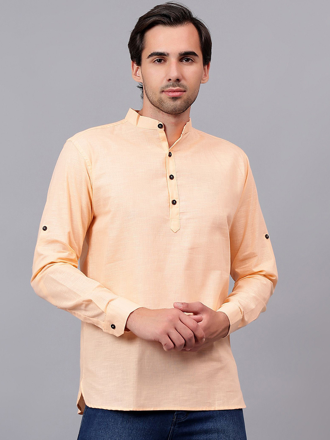 

Yugnik Mandarin Collar Roll-Up Sleeves Pure Cotton Short Kurta, Orange