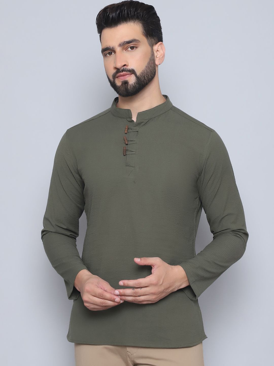 

even Striped Mandarin Collar Pure Cotton Straight Kurta, Green