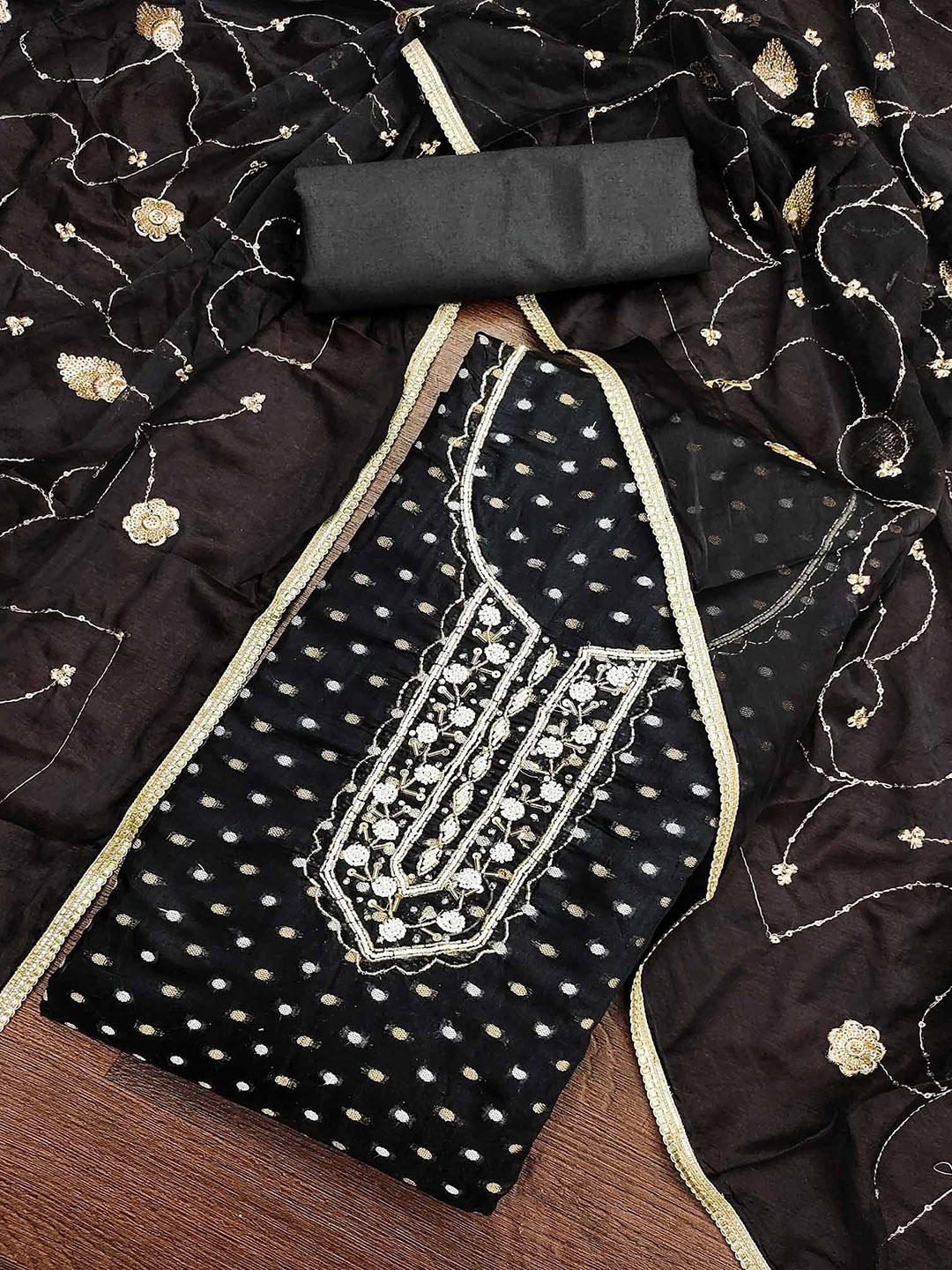 

Peachmode Geometric Woven Design Beads and Stones Unstitched Dress Material, Black