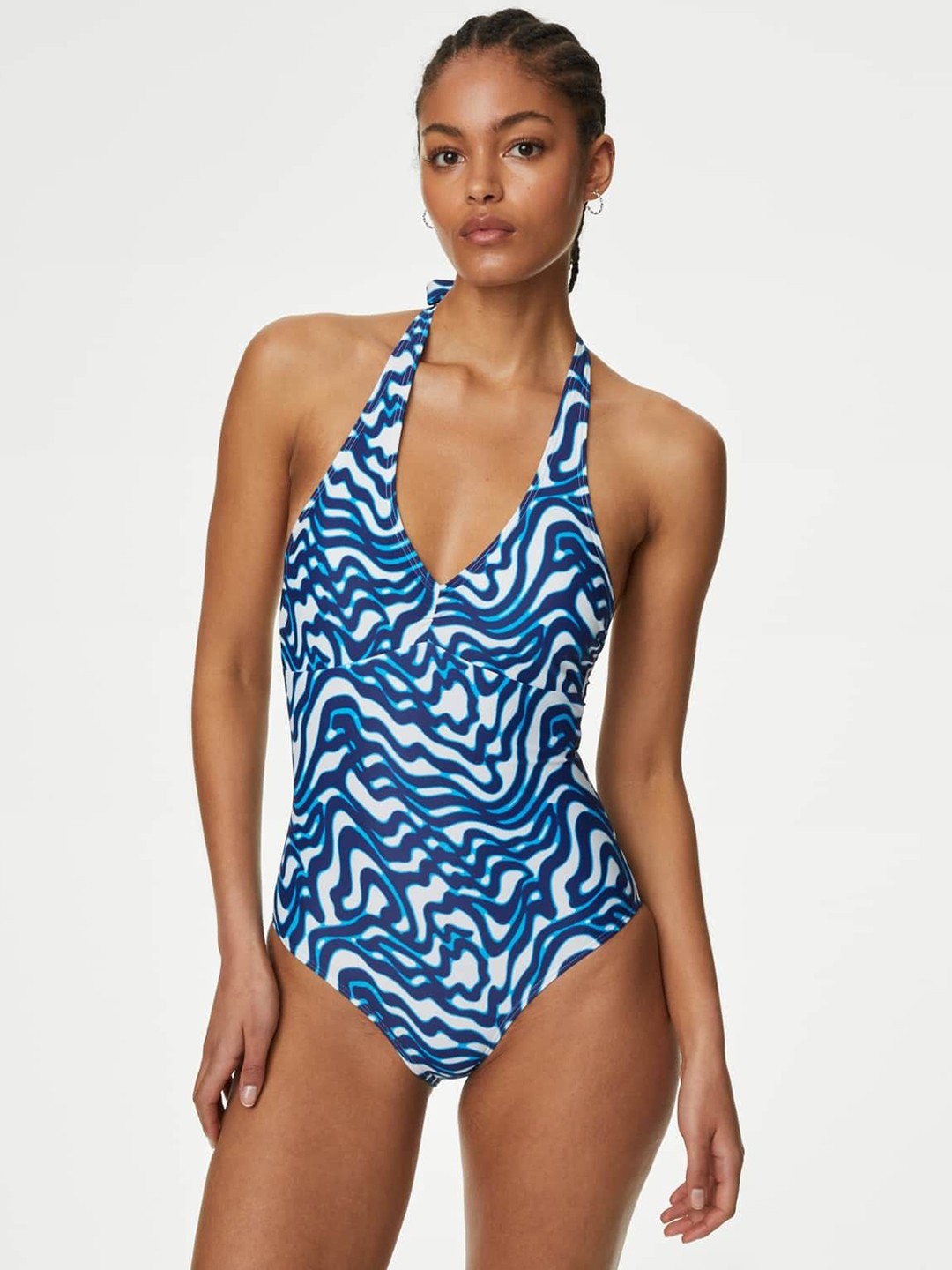 

Marks & Spencer Printed Halter-Neck Sleeve less Swim Bodysuit, Blue