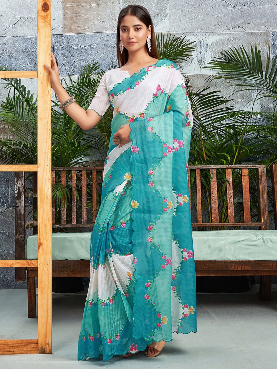 

all about you Floral Silk Cotton Ready to Wear Dabu Saree, Turquoise blue