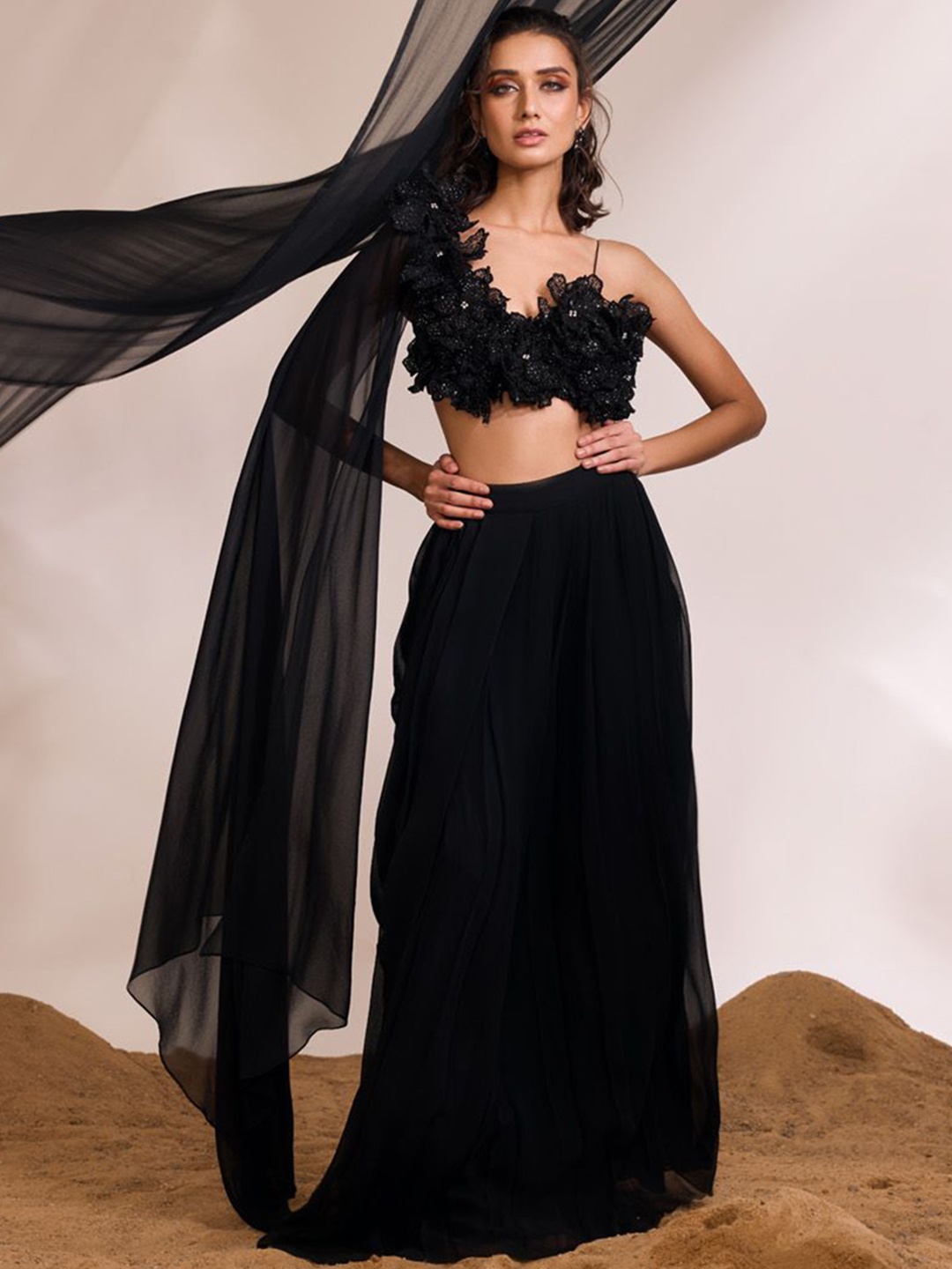 

DIVYA AGGARWAL Embellished One Shoulder Sleeveless Crop Top & Skirt, Black