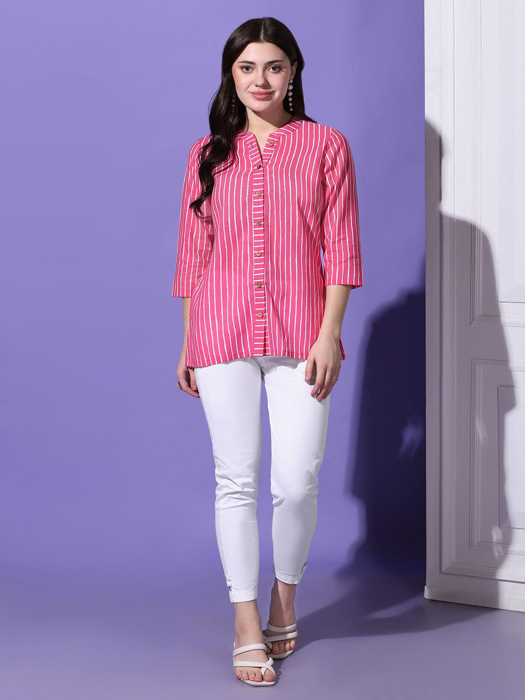 

BAESD Women Mandarin Collar Striped Cotton Casual Shirt, Pink