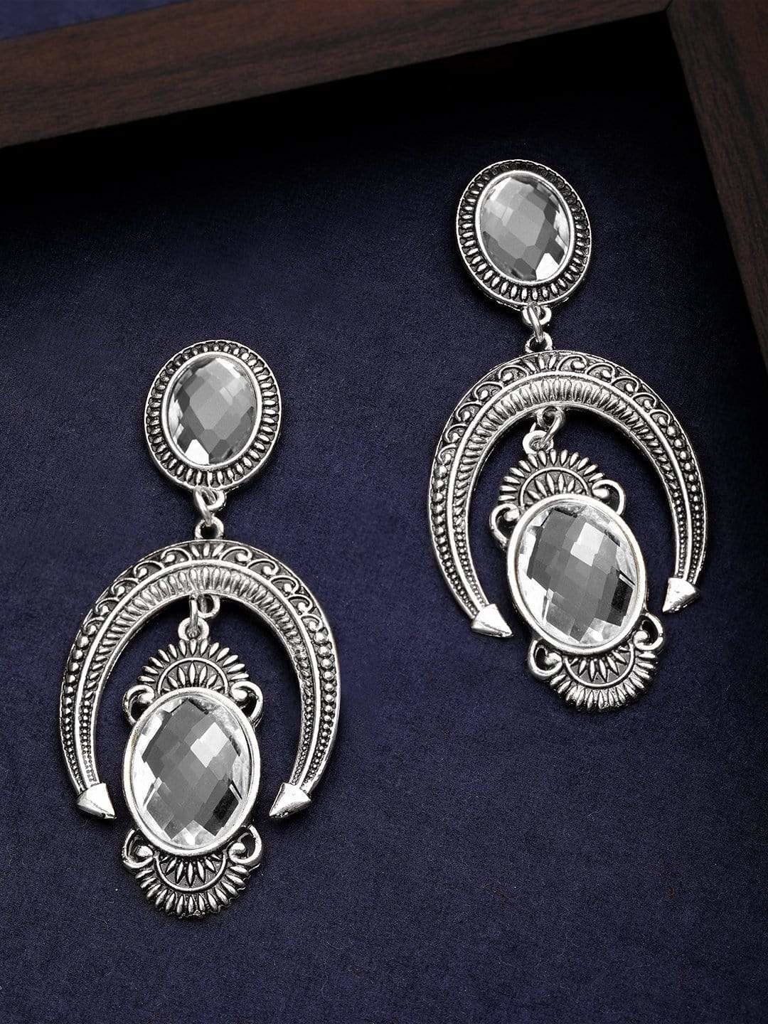 

Rubans Oxidized Silver-Plated Oval AD Stone Studded Drop Earrings
