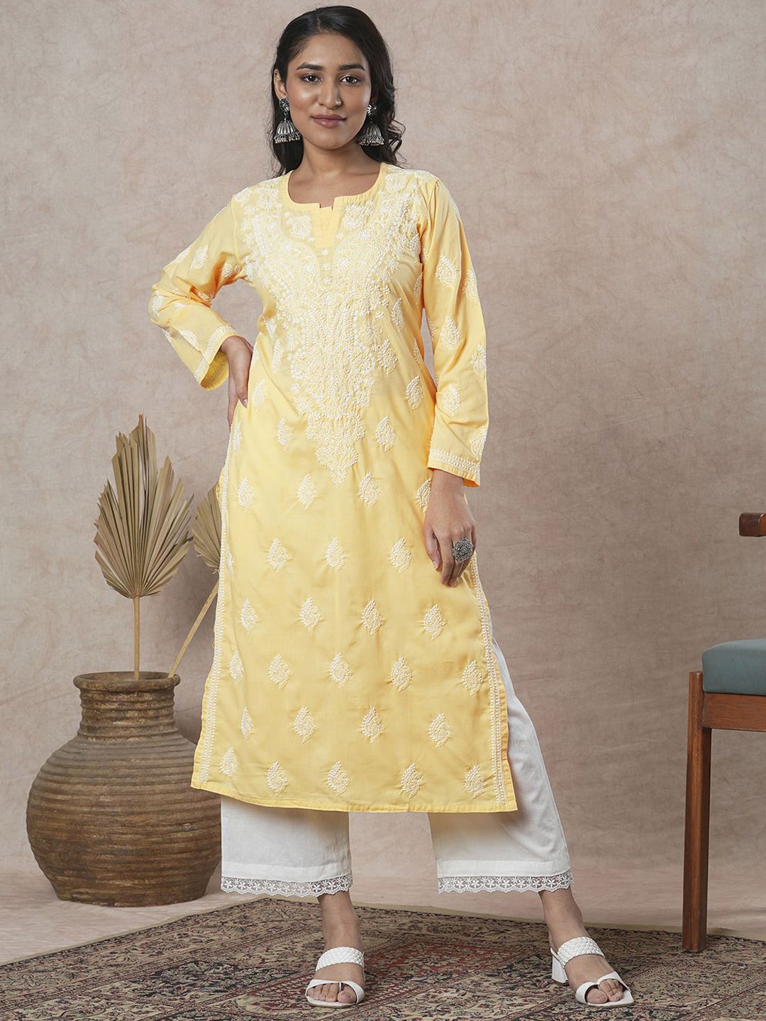 

ADA Ethnic Motifs Embroidered Chikankari Cotton Straight Kurta, Yellow