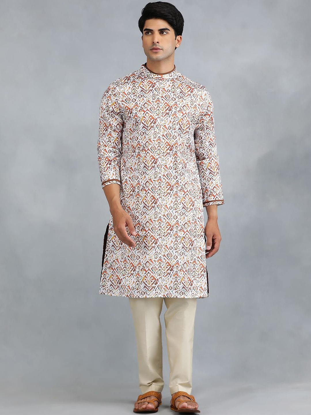 

THE KURTA COMPANY Abstract Printed Band Collar Straight Kurta, White