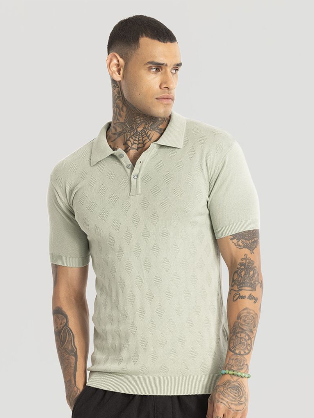 

Snitch Men Self Design Polo Collar Cotton Slim Fit T-Shirt, Green